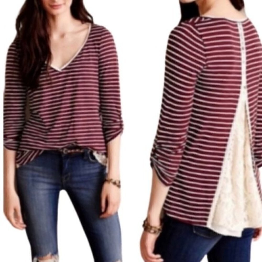 Anthropologie Meadow Rue Cassia Red Striped Lace Back Long Sleeve Top S